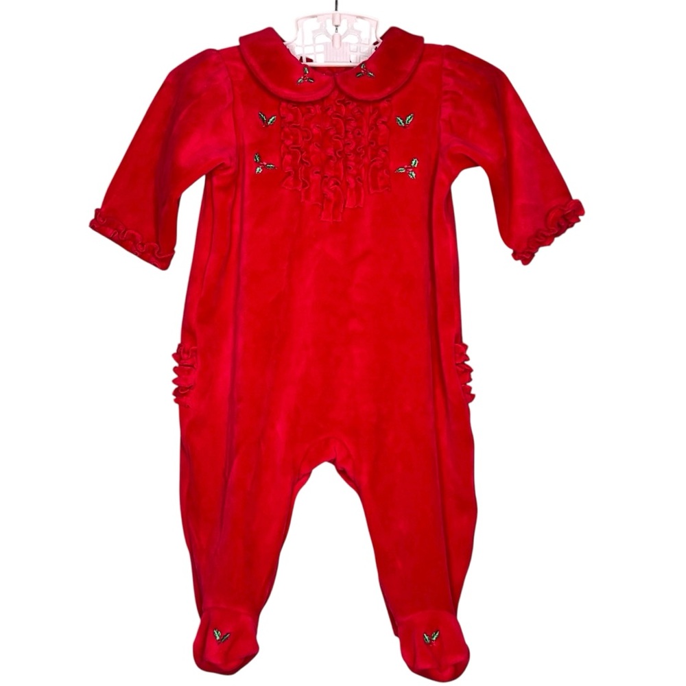 Bright Future Baby Girl Red Velvet Ruffle One Piece Holly Embroidered Size 3-6 M